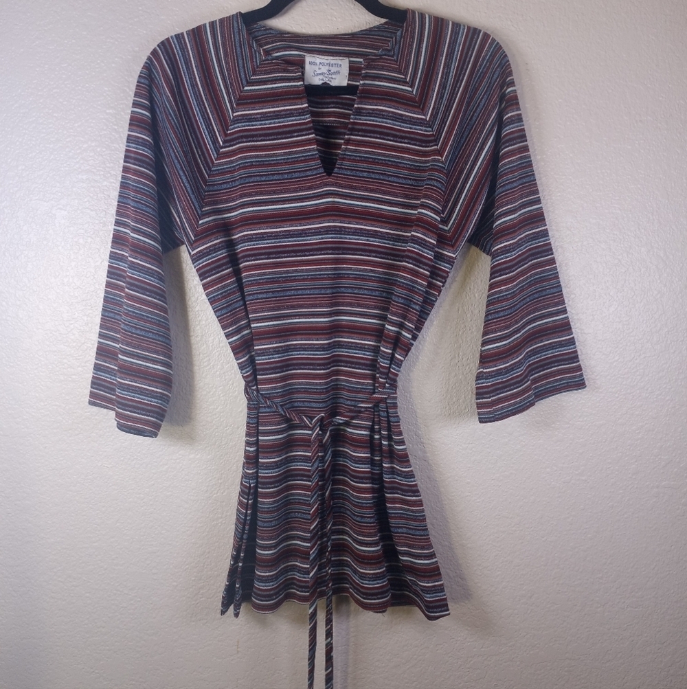 Vintage 70s Sunny South Fashions Brown Blue Cream Striped Belted Tunic Top M